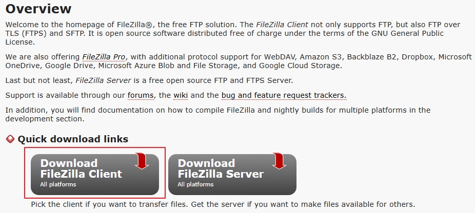 FileZilla 홈페이지에서 Download FileZilla Client 버튼 선택 화면